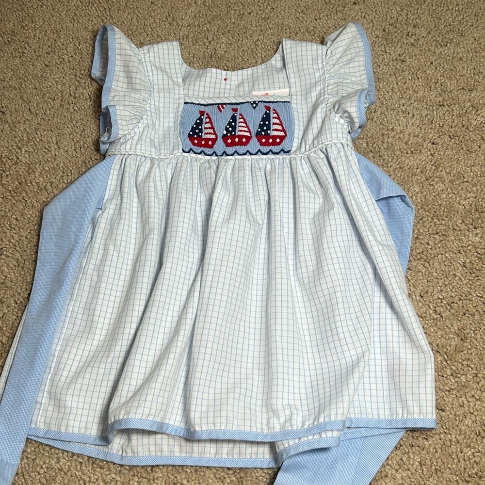 Light Blue Check Smocked Sailboat Kids Dress